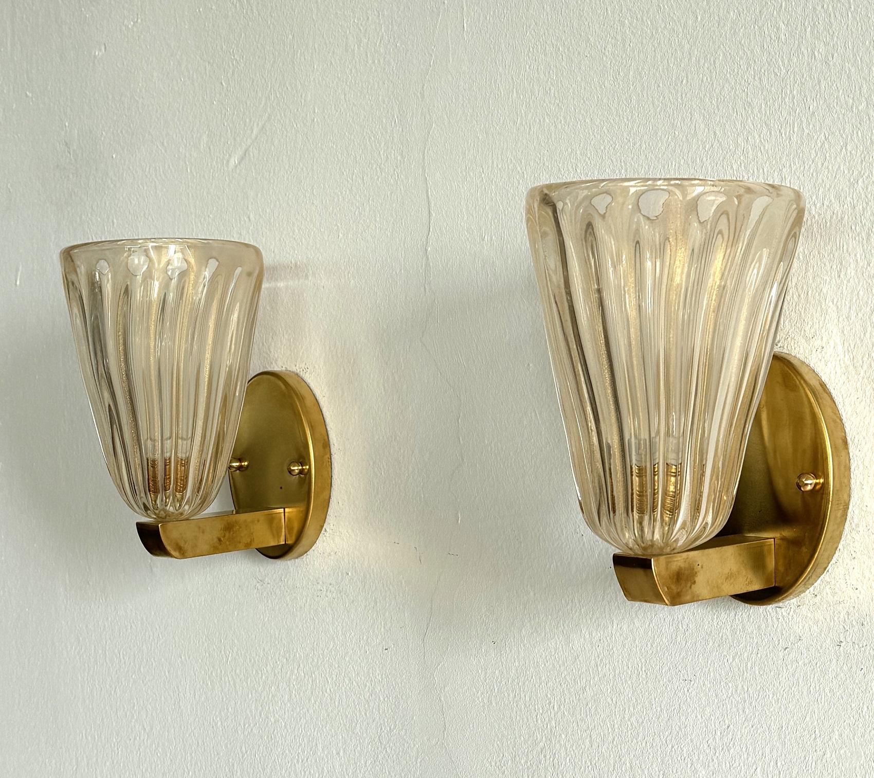20th Century Italian Brass and Murano Glass Wall Lights or Sconces in Art Deco Style, 1990s