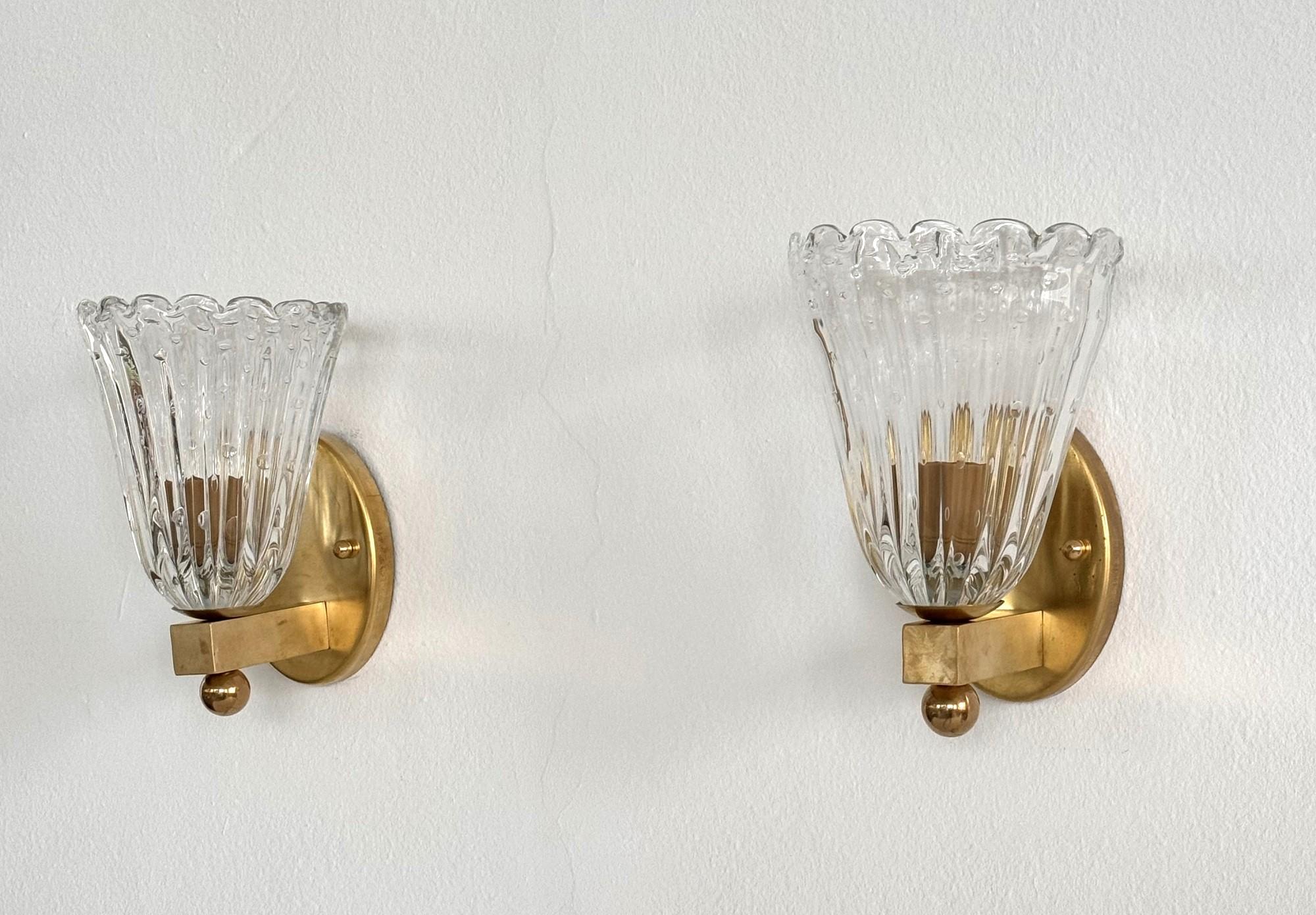 20th Century Italian Brass and Murano Glass Wall Lights or Sconces in Art Deco Style, 1990s For Sale