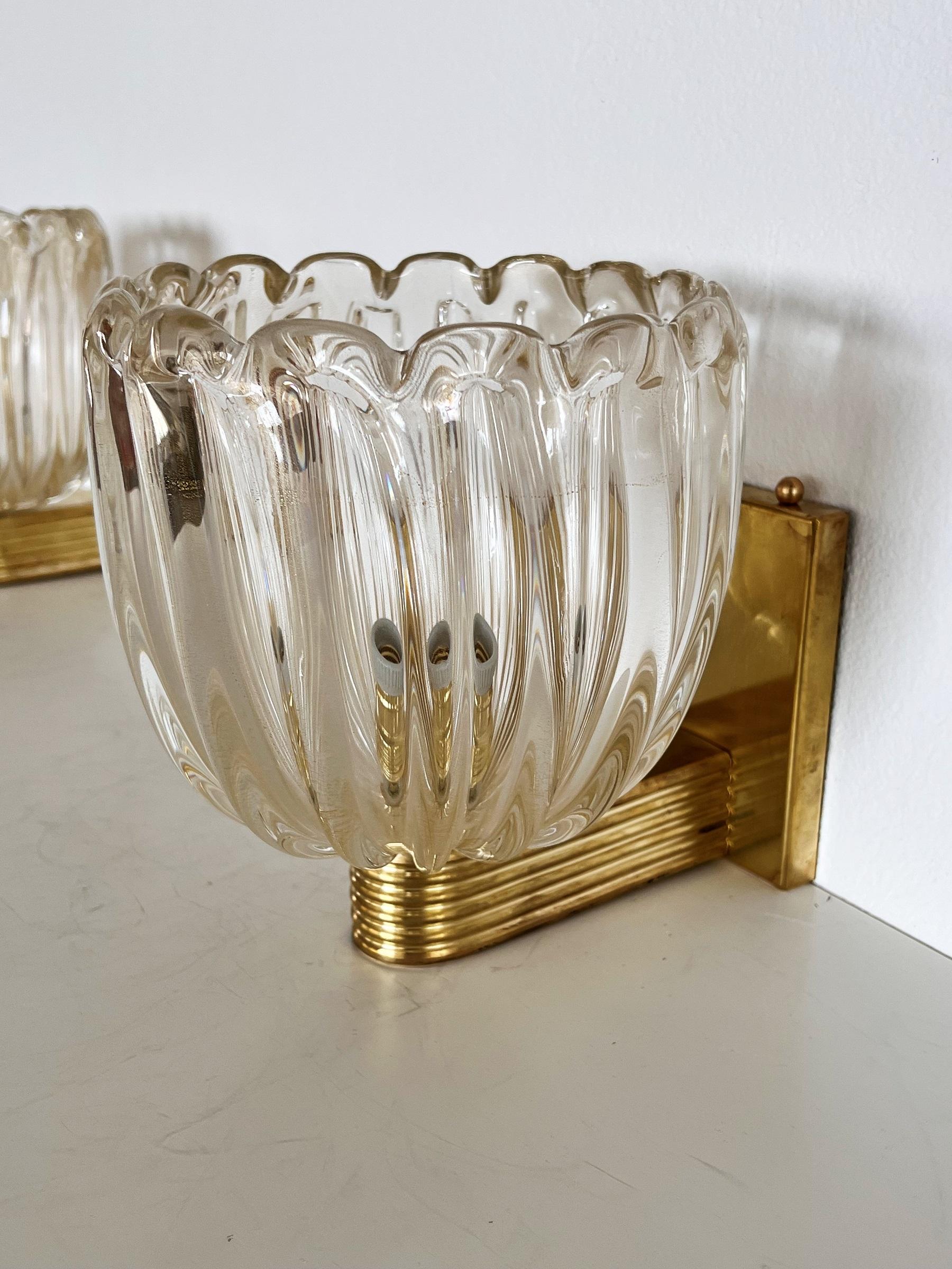 Italian Brass and Murano Glass Wall Lights or Sconces in Art Deco Style, 1990s 1