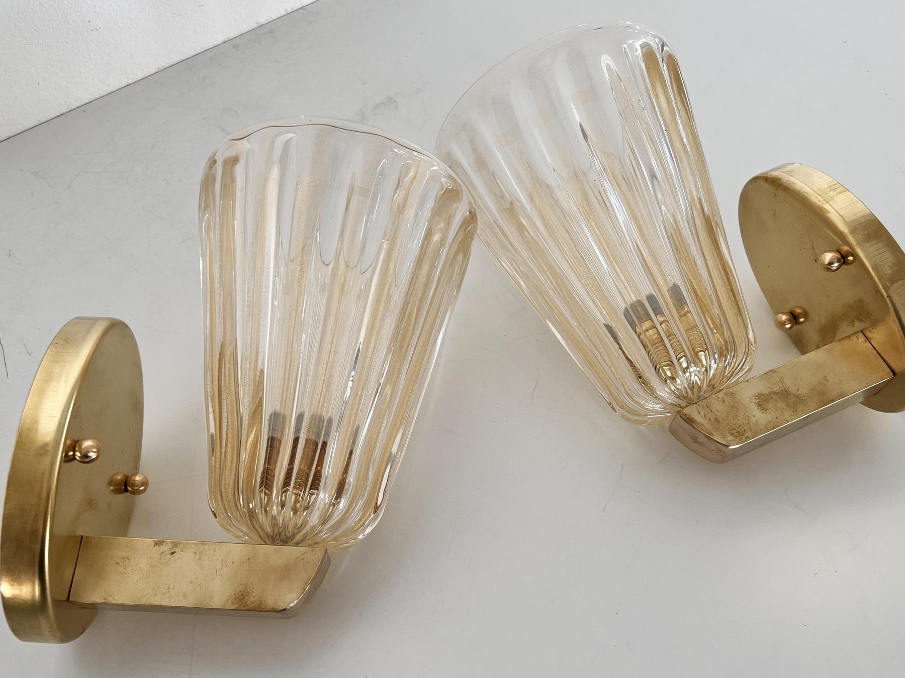 Italian Brass and Murano Glass Wall Lights or Sconces in Art Deco Style, 1990s For Sale 1