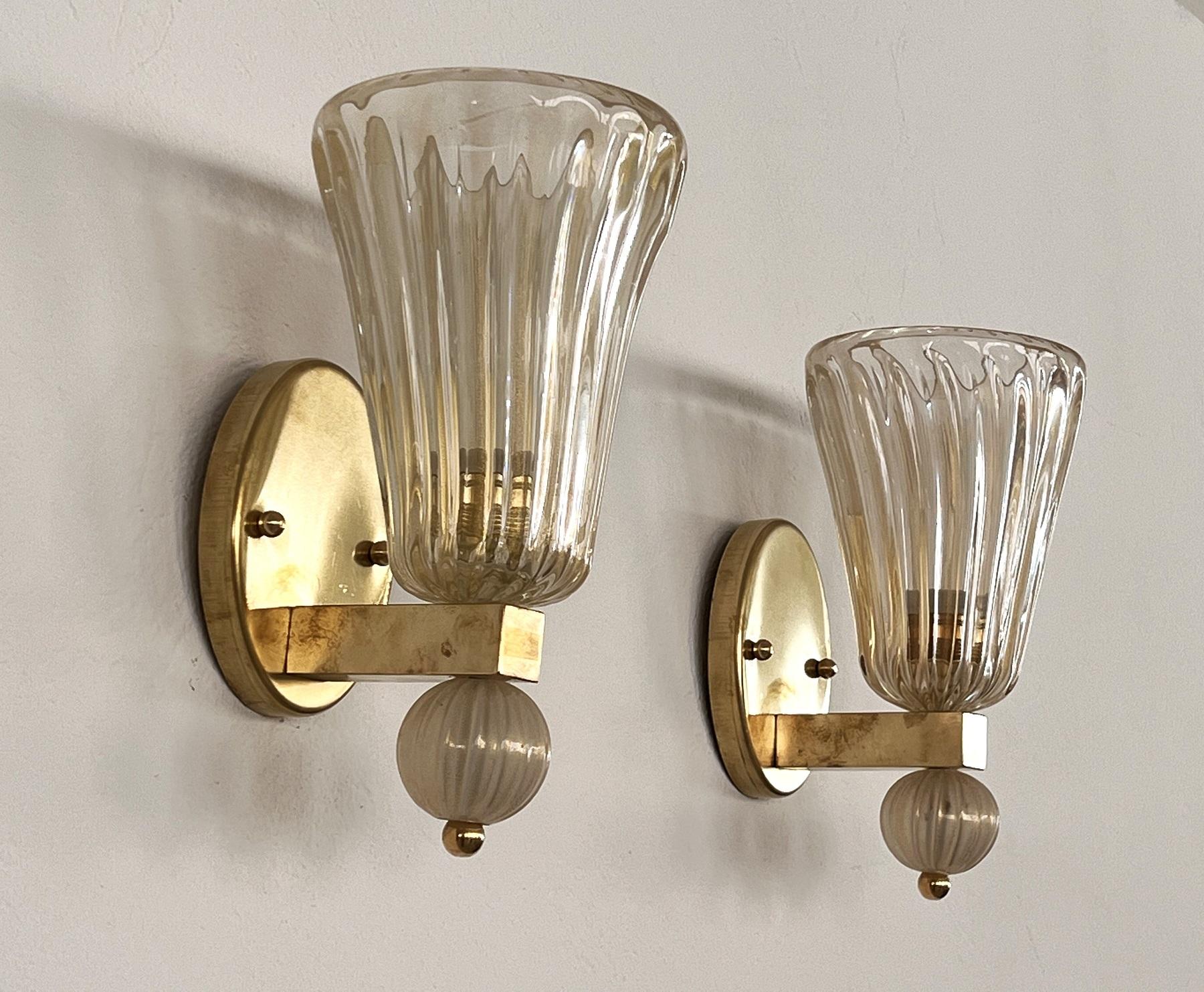 Italian Brass and Murano Glass Wall Lights or Sconces in Art Deco Style, 1990s For Sale 1