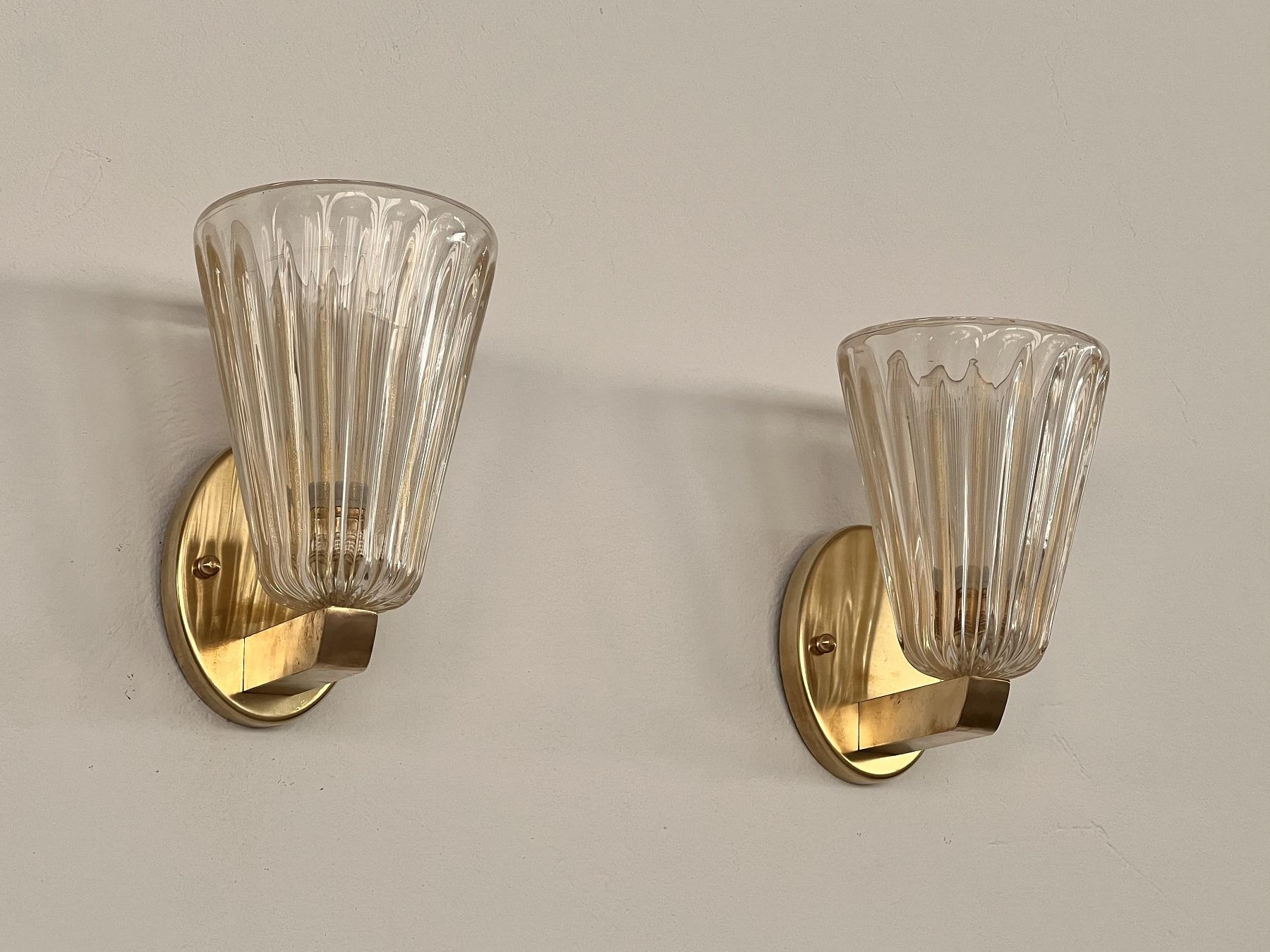 Italian Brass and Murano Glass Wall Lights or Sconces in Art Deco Style, 1990s 1