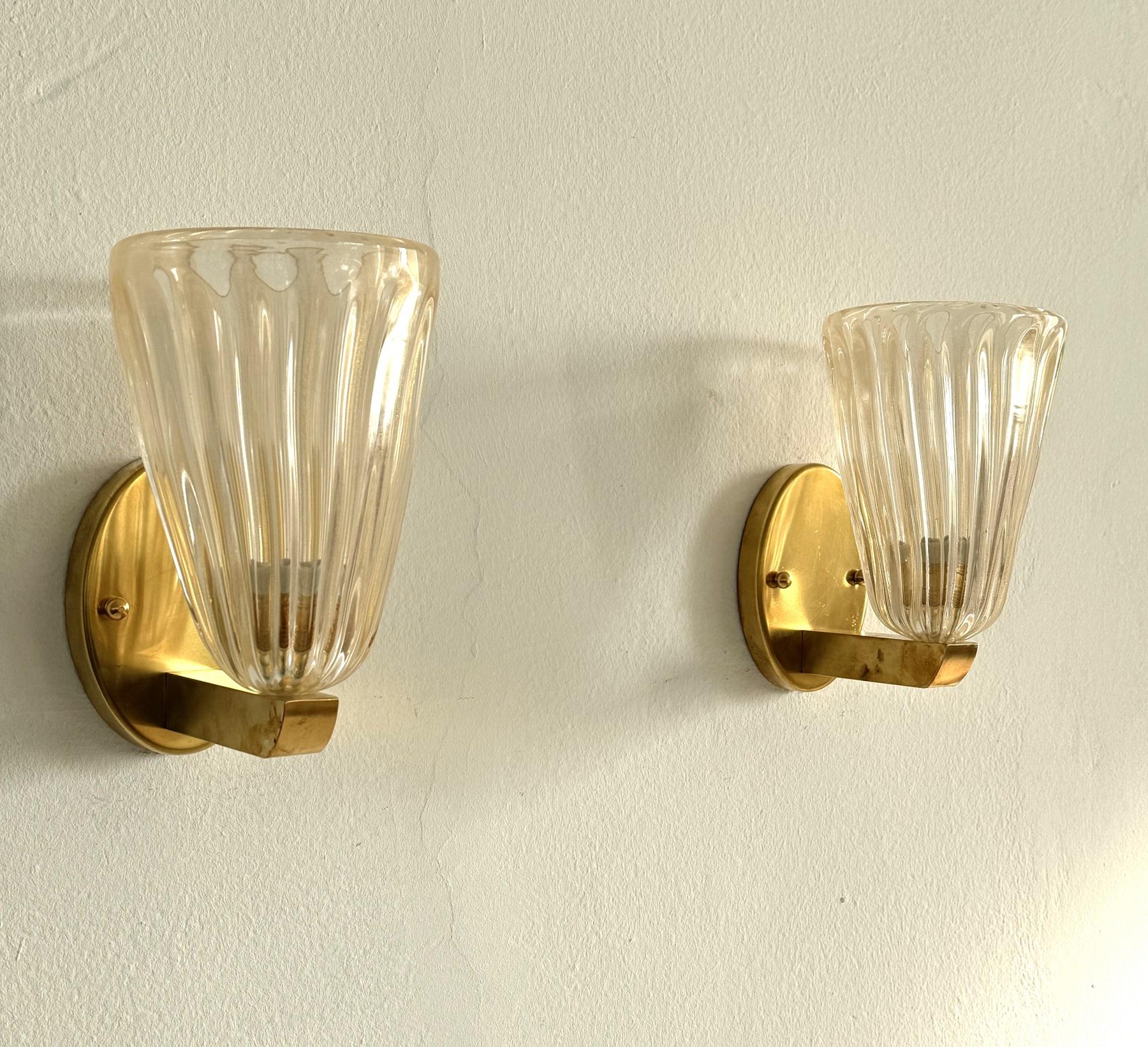 Italian Brass and Murano Glass Wall Lights or Sconces in Art Deco Style, 1990s 1