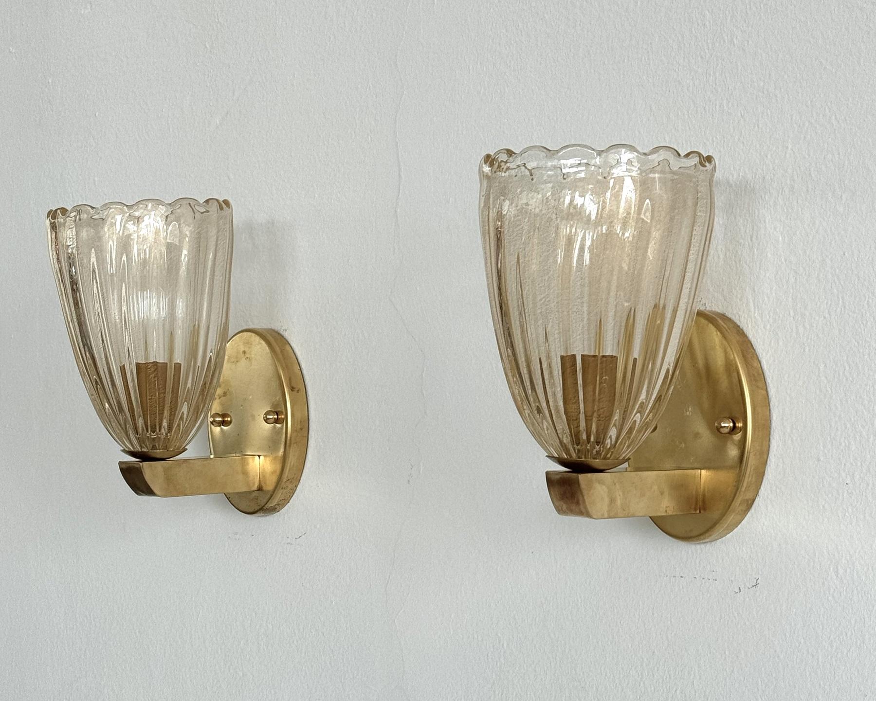 Italian Brass and Murano Glass Wall Lights or Sconces in Art Deco Style, 1990s en Bueno estado para la venta en Morazzone, Varese