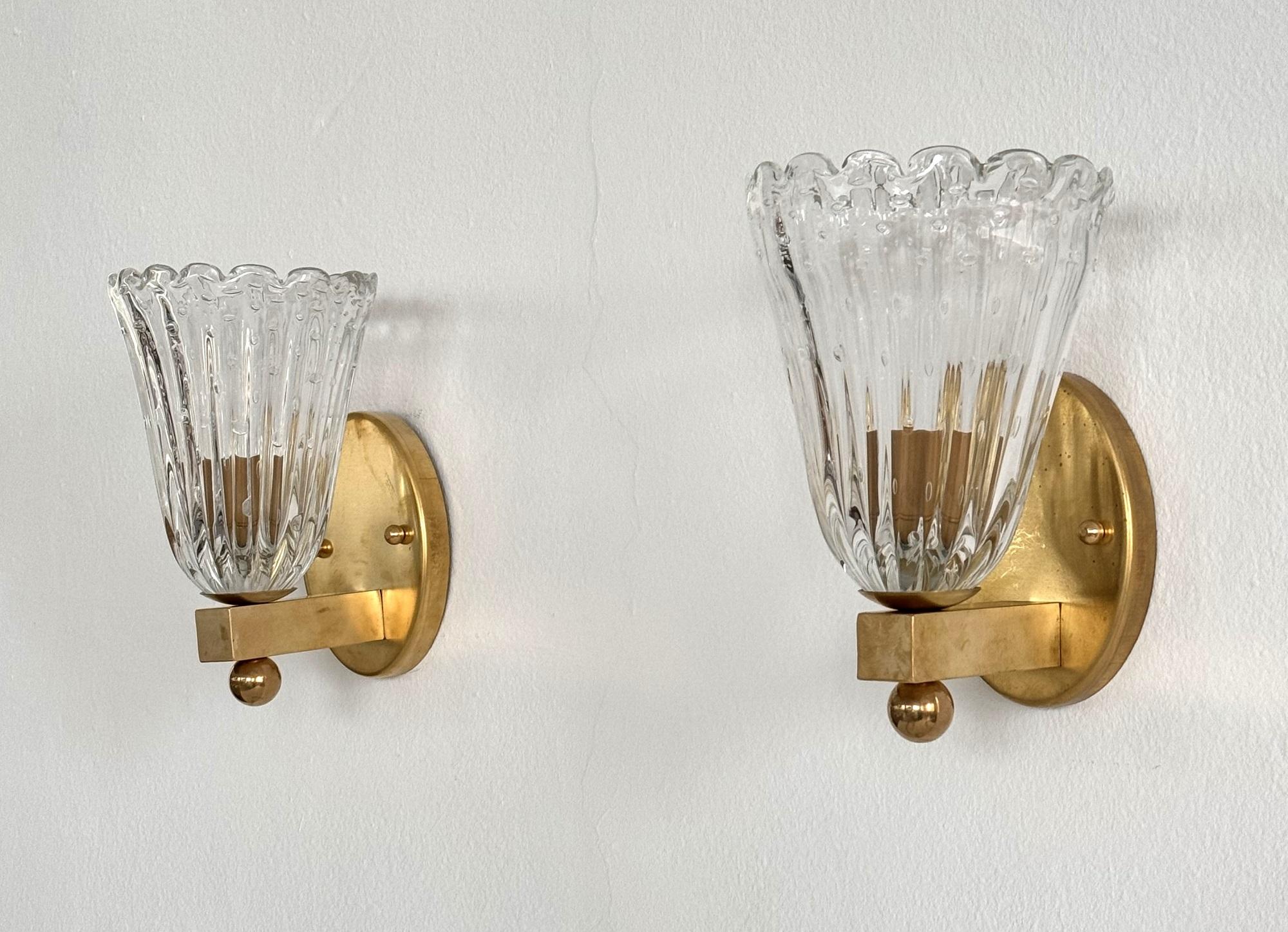 Italian Brass and Murano Glass Wall Lights or Sconces in Art Deco Style, 1990s For Sale 1