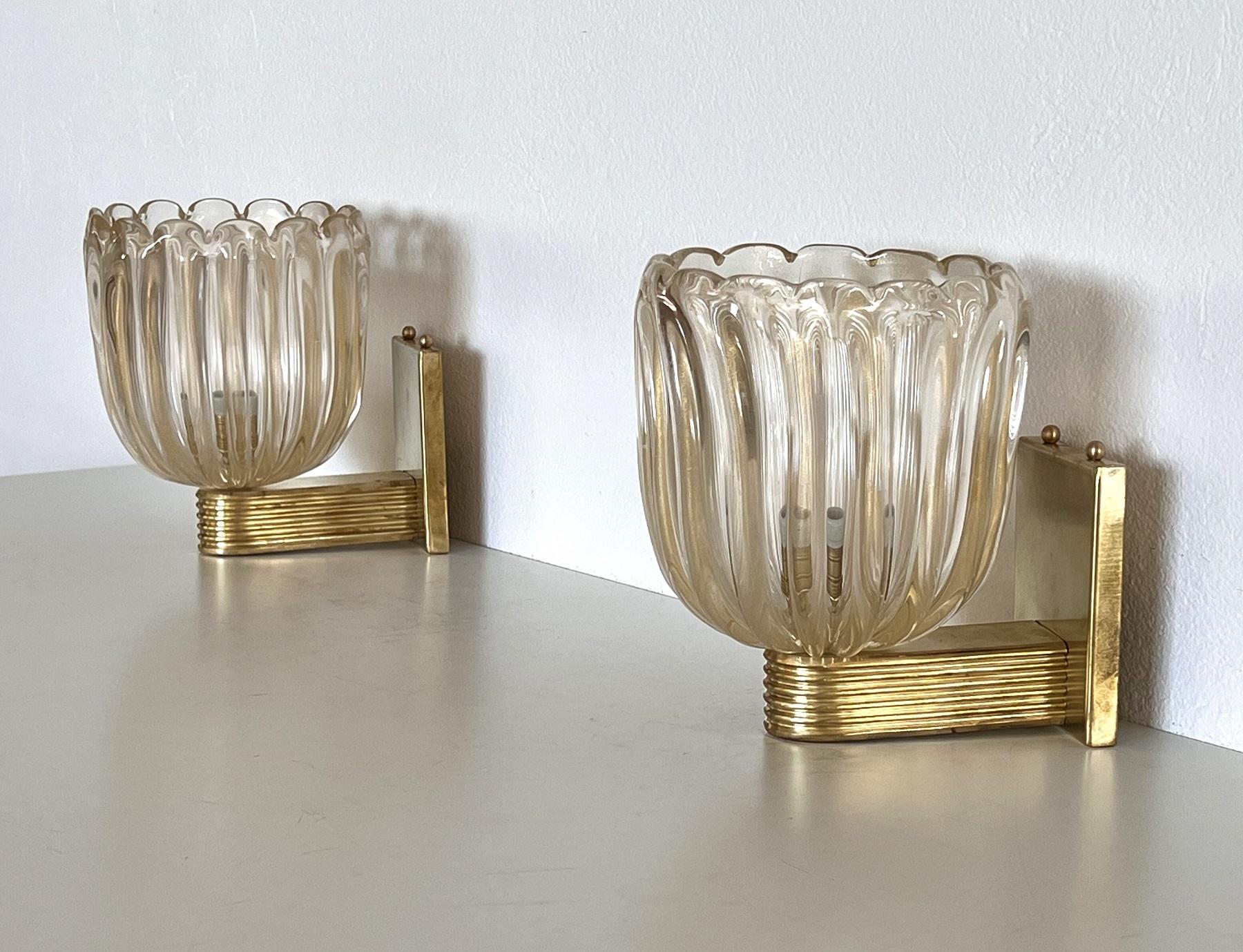 Italian Brass and Murano Glass Wall Lights or Sconces in Art Deco Style, 1990s 2