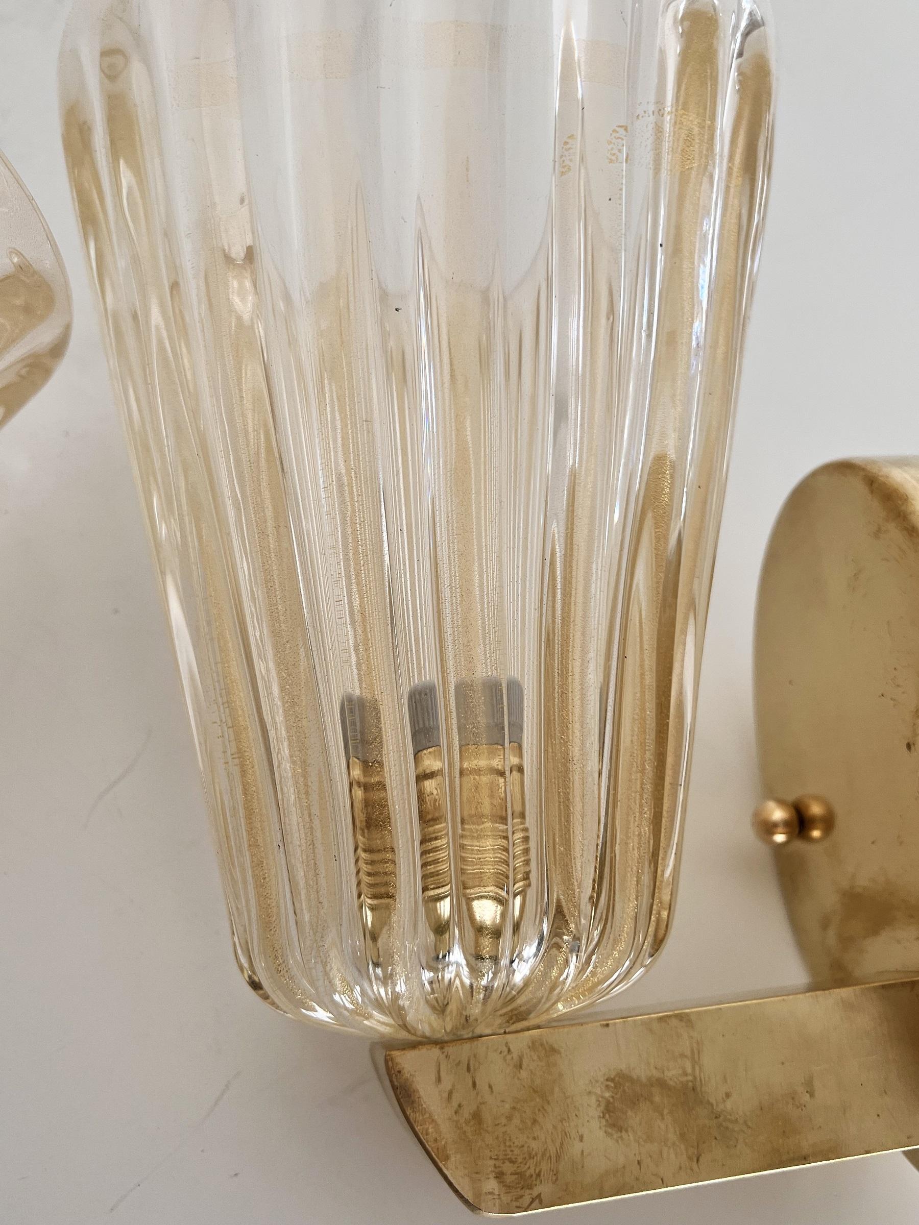 Italian Brass and Murano Glass Wall Lights or Sconces in Art Deco Style, 1990s For Sale 2