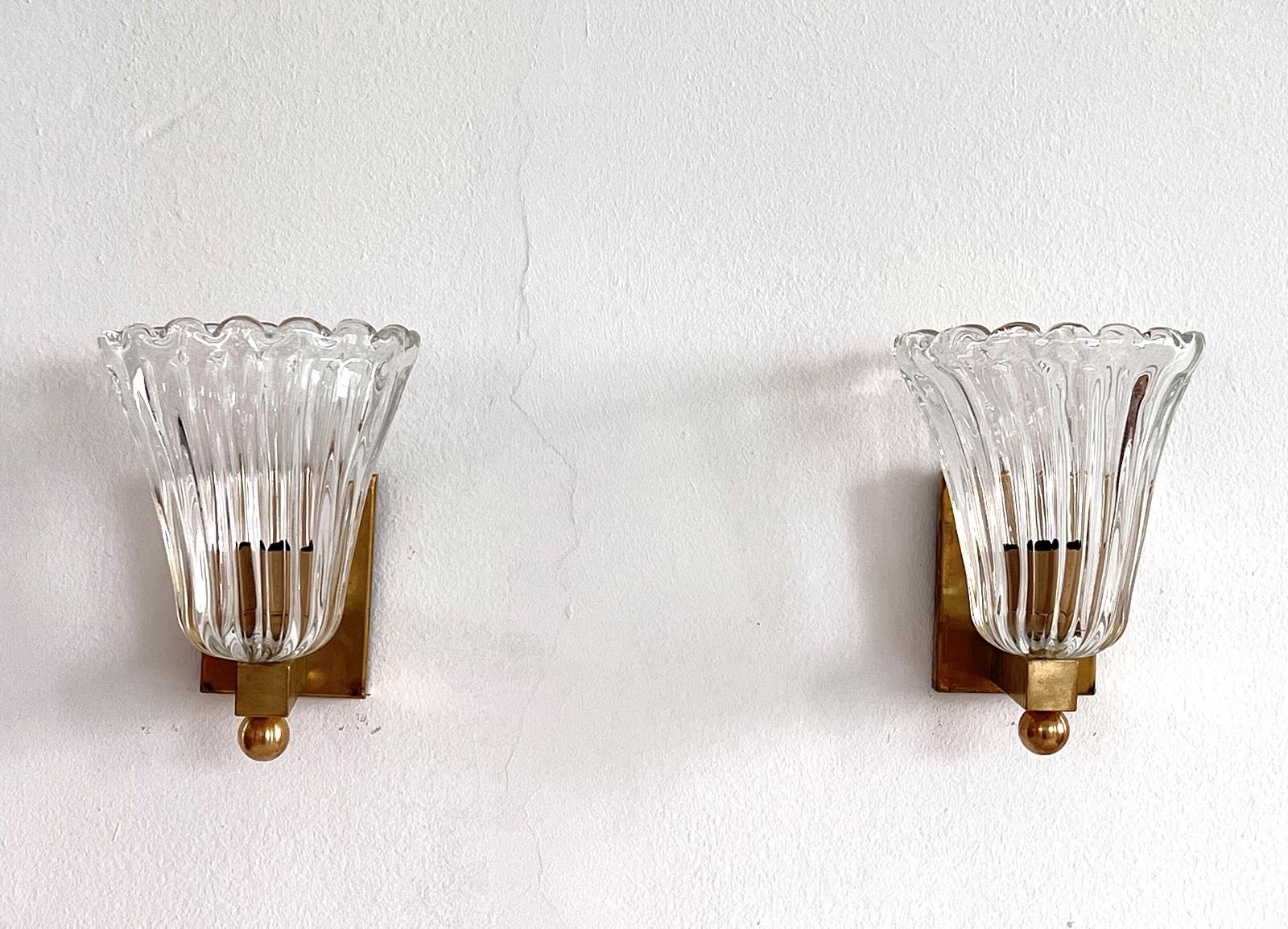Italian Brass and Murano Glass Wall Lights or Sconces in Art Deco Style, 1990s For Sale 2