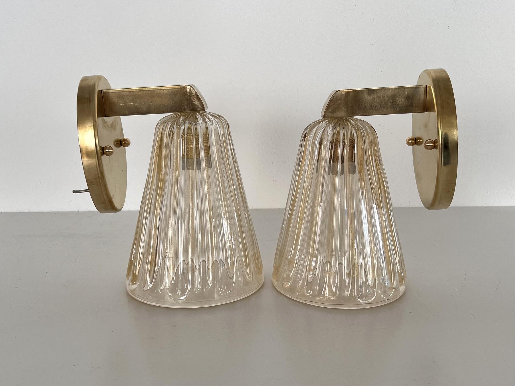 Italian Brass and Murano Glass Wall Lights or Sconces in Art Deco Style, 1990s 2