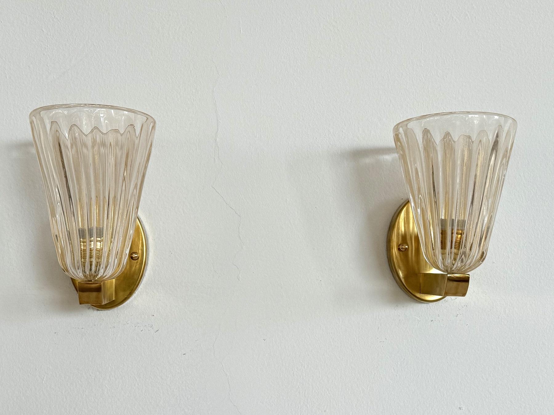 Italian Brass and Murano Glass Wall Lights or Sconces in Art Deco Style, 1990s 2