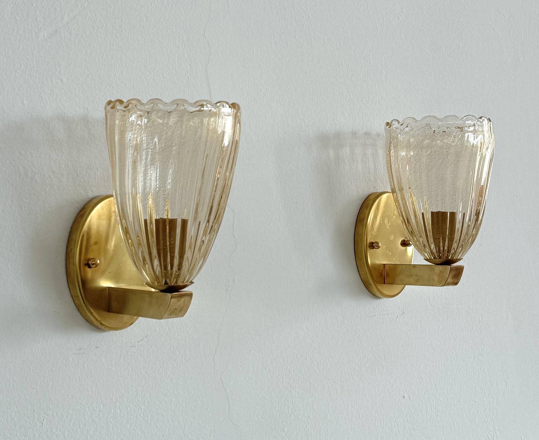 Italian Brass and Murano Glass Wall Lights or Sconces in Art Deco Style, 1990s siglo XX en venta