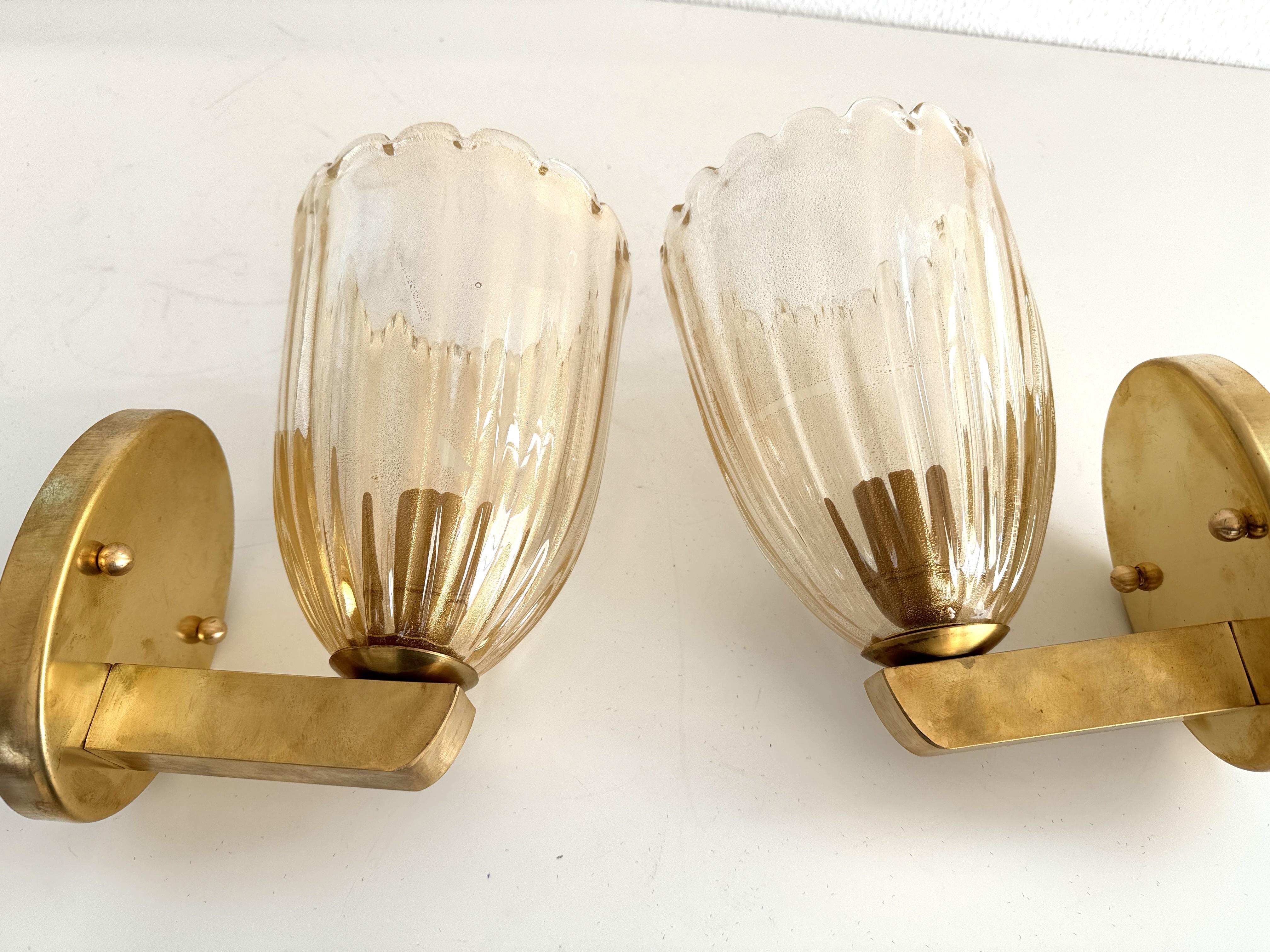 Italian Brass and Murano Glass Wall Lights or Sconces in Art Deco Style, 1990s For Sale 2