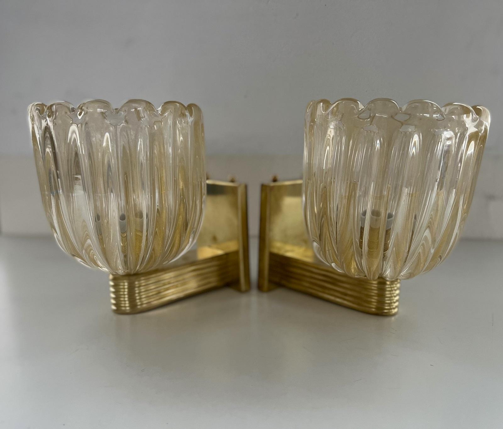 Italian Brass and Murano Glass Wall Lights or Sconces in Art Deco Style, 1990s For Sale 3