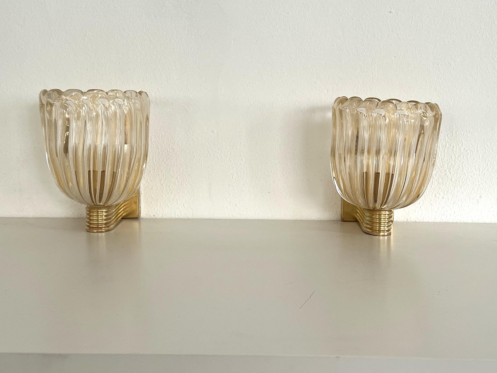 Italian Brass and Murano Glass Wall Lights or Sconces in Art Deco Style, 1990s For Sale 3