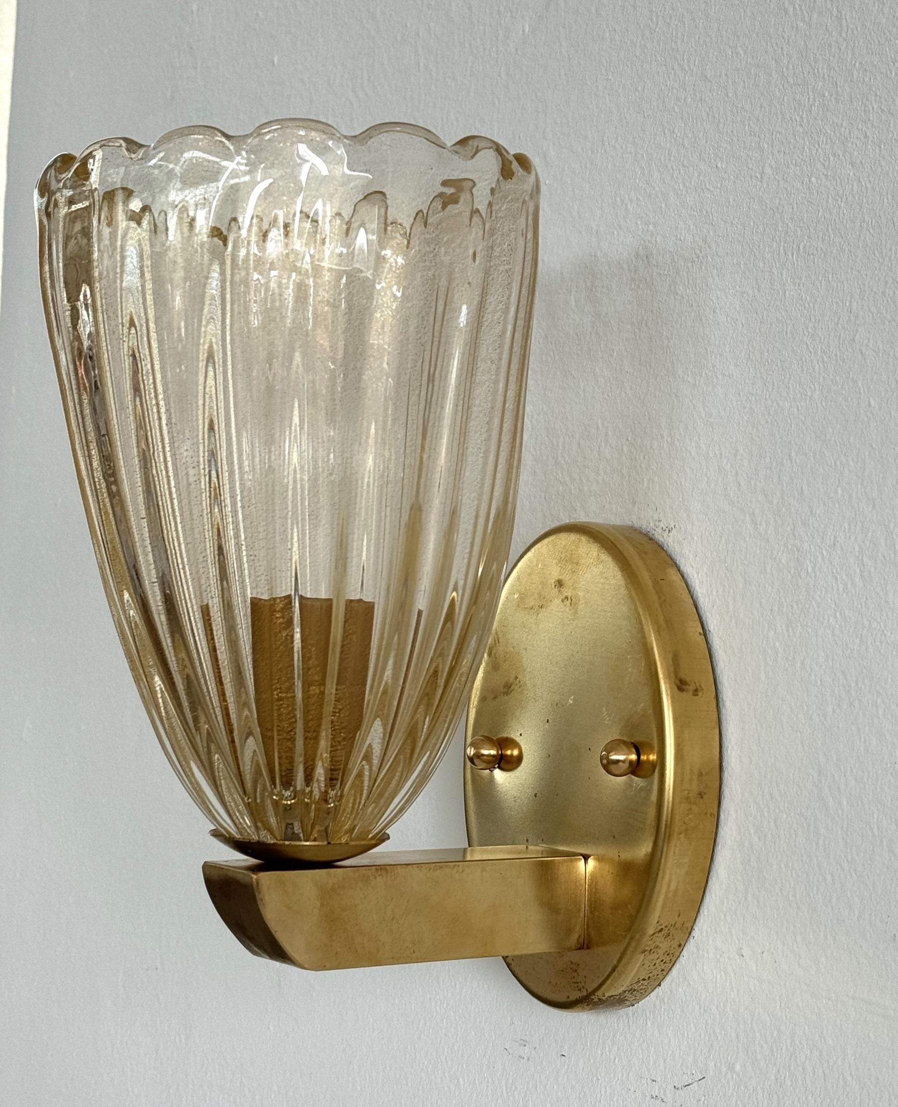 Italian Brass and Murano Glass Wall Lights or Sconces in Art Deco Style, 1990s Latón en venta