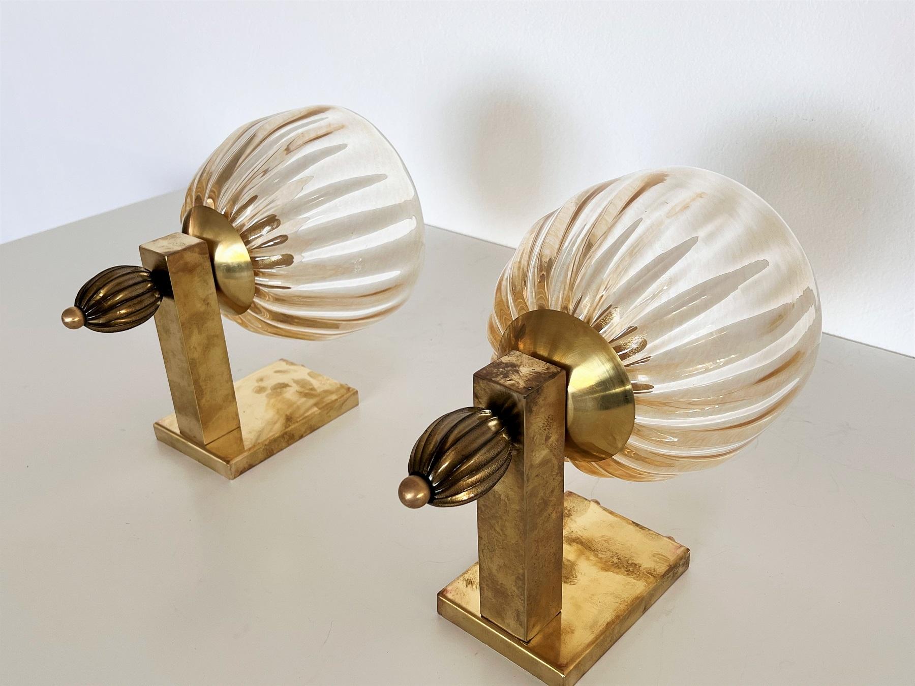 Italian Brass and Murano Glass Wall Lights or Sconces in Art Deco Style, 1990s 4
