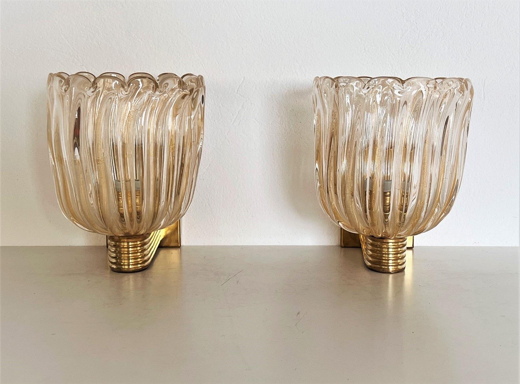 Italian Brass and Murano Glass Wall Lights or Sconces in Art Deco Style, 1990s 3