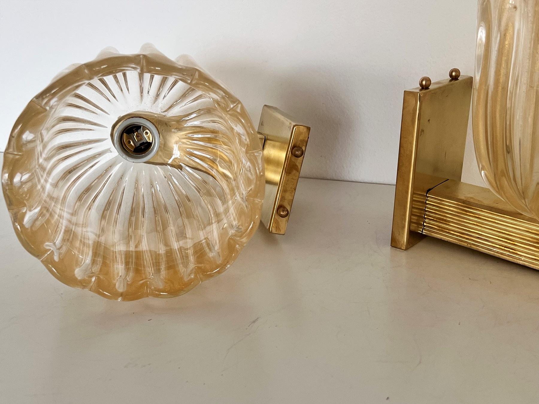 Italian Brass and Murano Glass Wall Lights or Sconces in Art Deco Style, 1990s 4