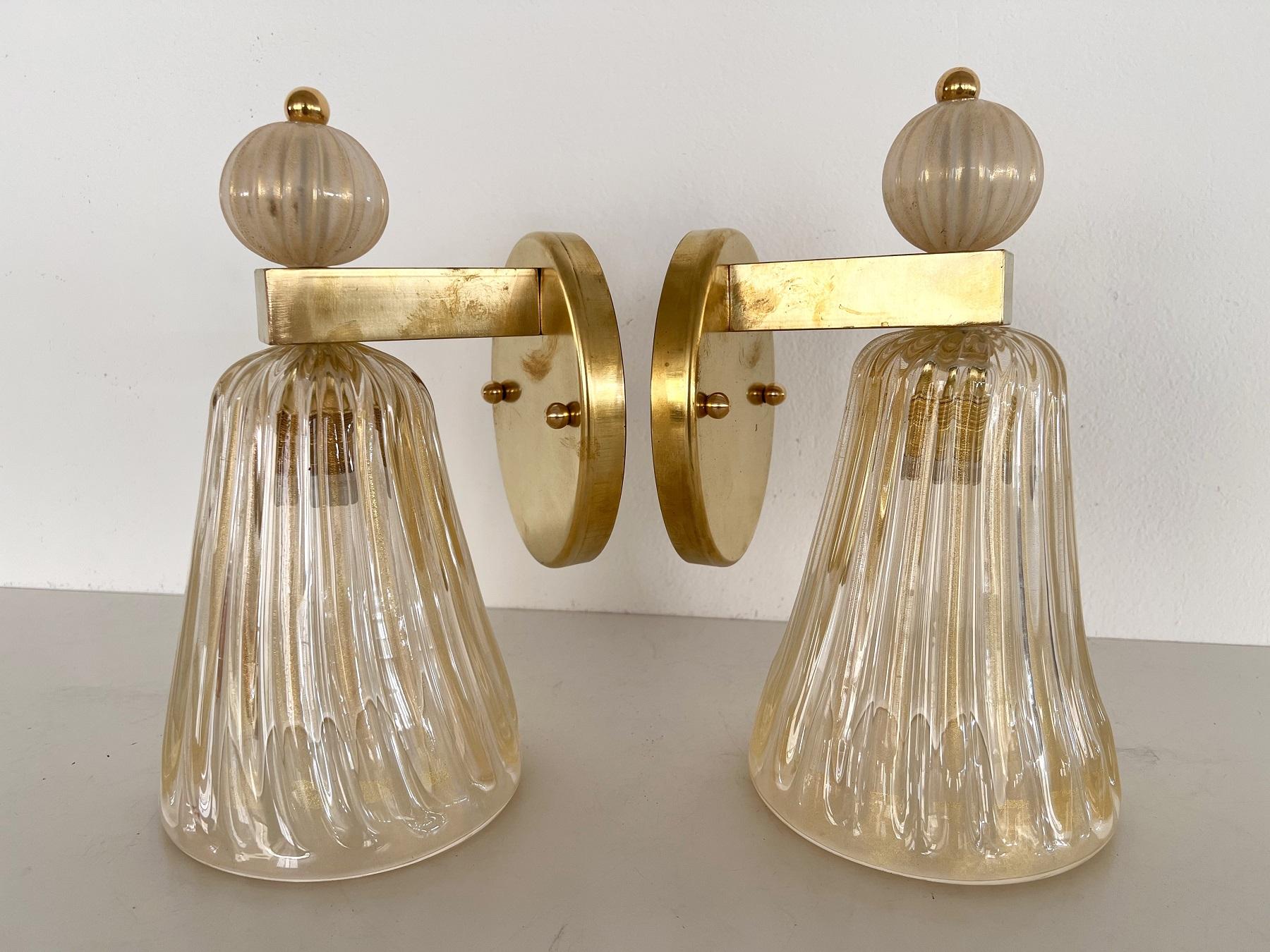 Italian Brass and Murano Glass Wall Lights or Sconces in Art Deco Style, 1990s For Sale 4