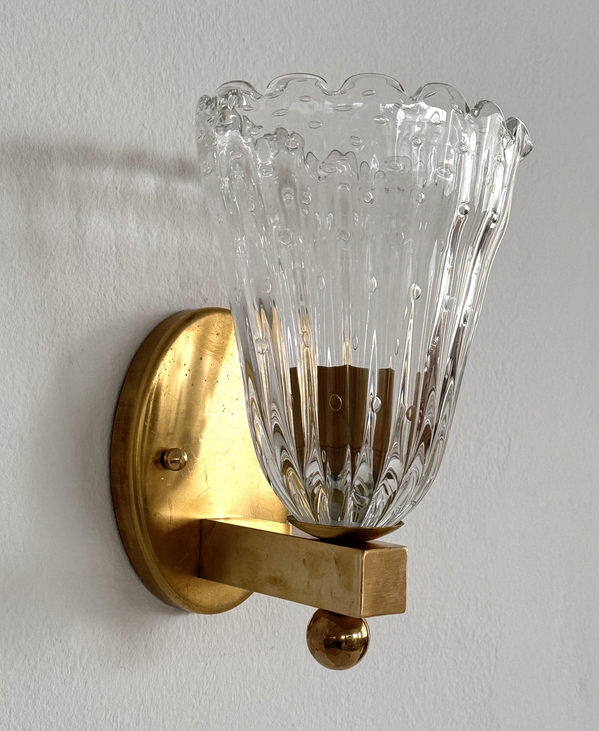 Italian Brass and Murano Glass Wall Lights or Sconces in Art Deco Style, 1990s For Sale 4