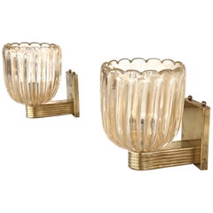 Vintage Italian Brass and Murano Glass Wall Lights or Sconces in Art Deco Style, 1990s