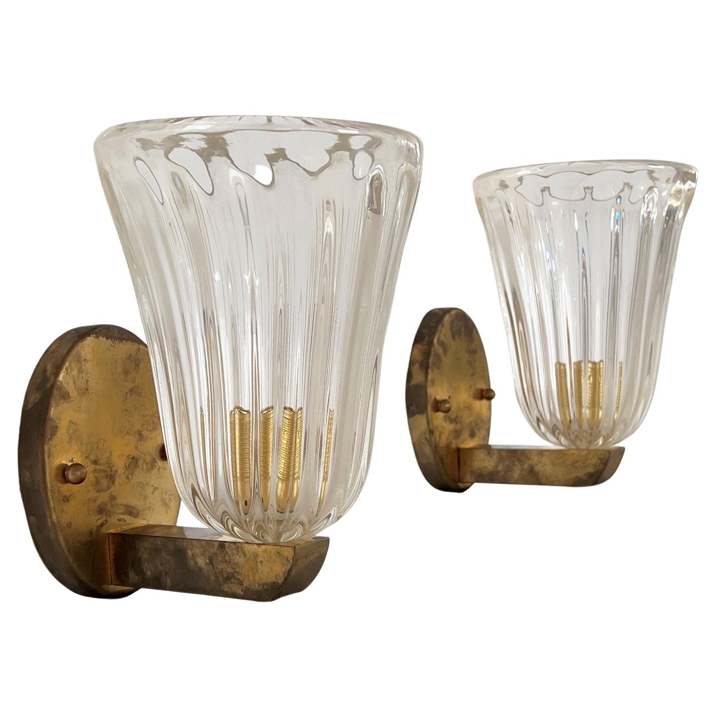Italian Brass and Murano Glass Wall Lights or Sconces in Art Deco Style