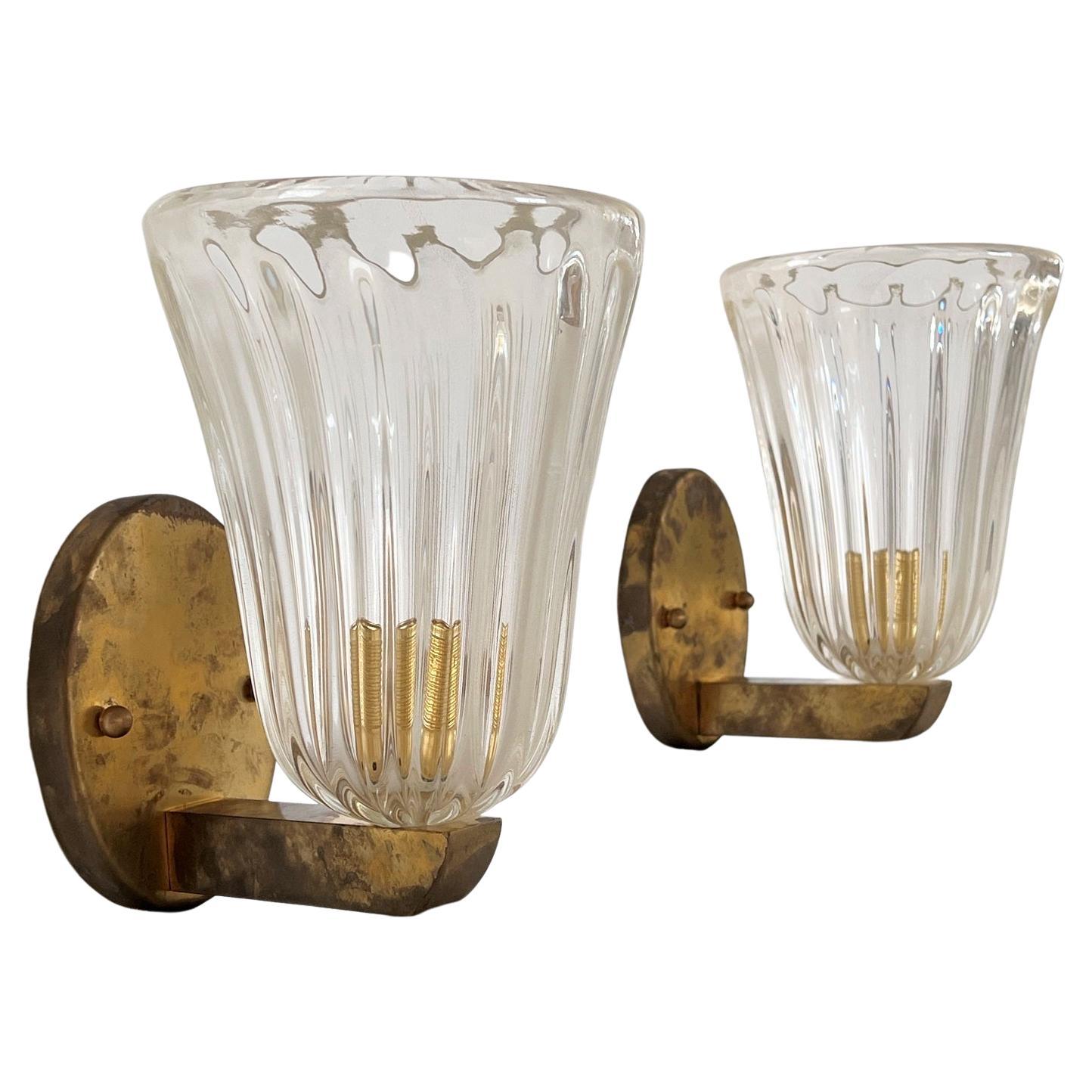 Italian Brass and Murano Glass Wall Lights or Sconces in Art Deco Style, 1990s