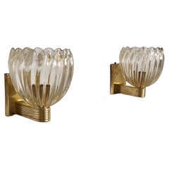 Italian Brass and Murano Glass Wall Lights or Sconces in Art Deco Style, 1990s