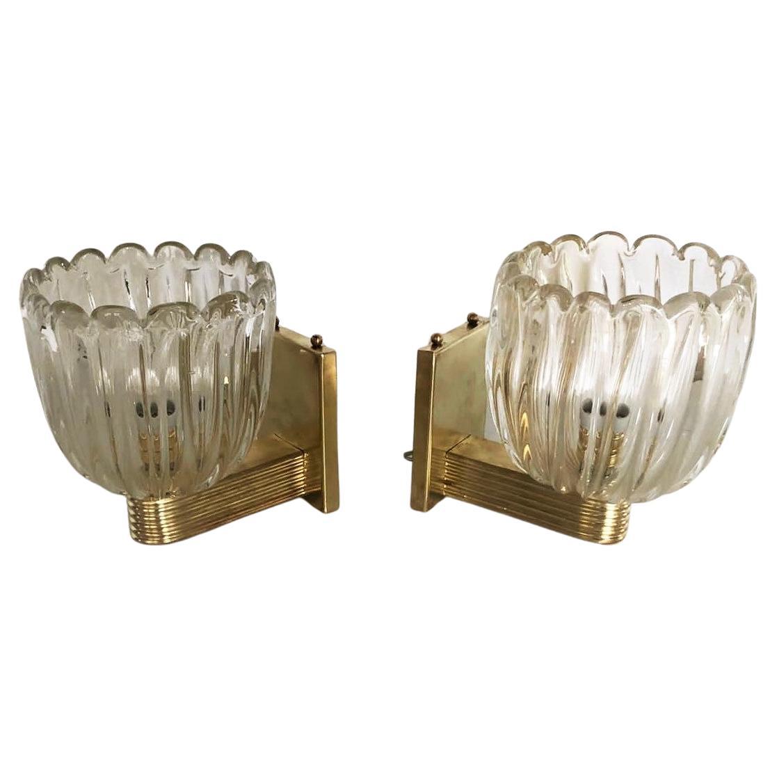 Italian Brass and Murano Glass Wall Lights or Sconces in Art Deco Style, 1990s 8