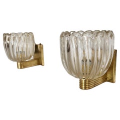 Vintage Italian Brass and Murano Glass Wall Lights or Sconces in Art Deco Style, 1990s