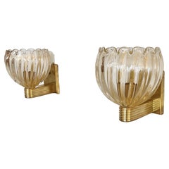 Retro Italian Brass and Murano Glass Wall Lights or Sconces in Art Deco Style, 1990s