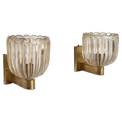 Vintage Italian Brass and Murano Glass Wall Lights or Sconces in Art Deco Style, 1990s