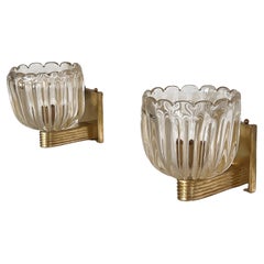 Retro Italian Brass and Murano Glass Wall Lights or Sconces in Art Deco Style, 1990s