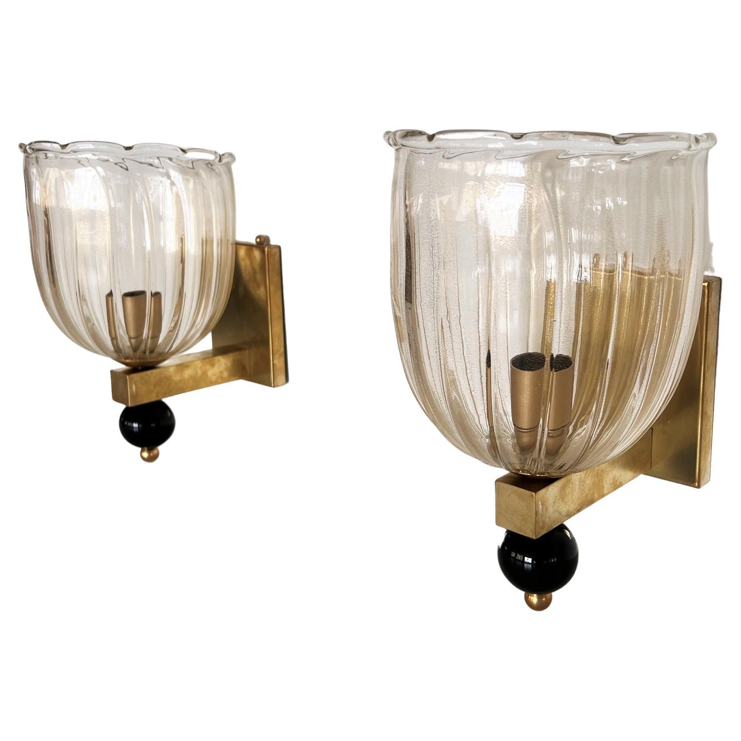 Italian Brass and Murano Glass Wall Lights or Sconces in Art Deco Style