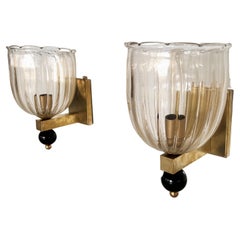 Retro Italian Brass and Murano Glass Wall Lights or Sconces in Art Deco Style, 1990s