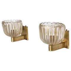 Vintage Italian Brass and Murano Glass Wall Lights or Sconces in Art Deco Style, 1990s