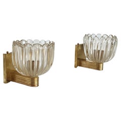 Retro Italian Brass and Murano Glass Wall Lights or Sconces in Art Deco Style, 1990s