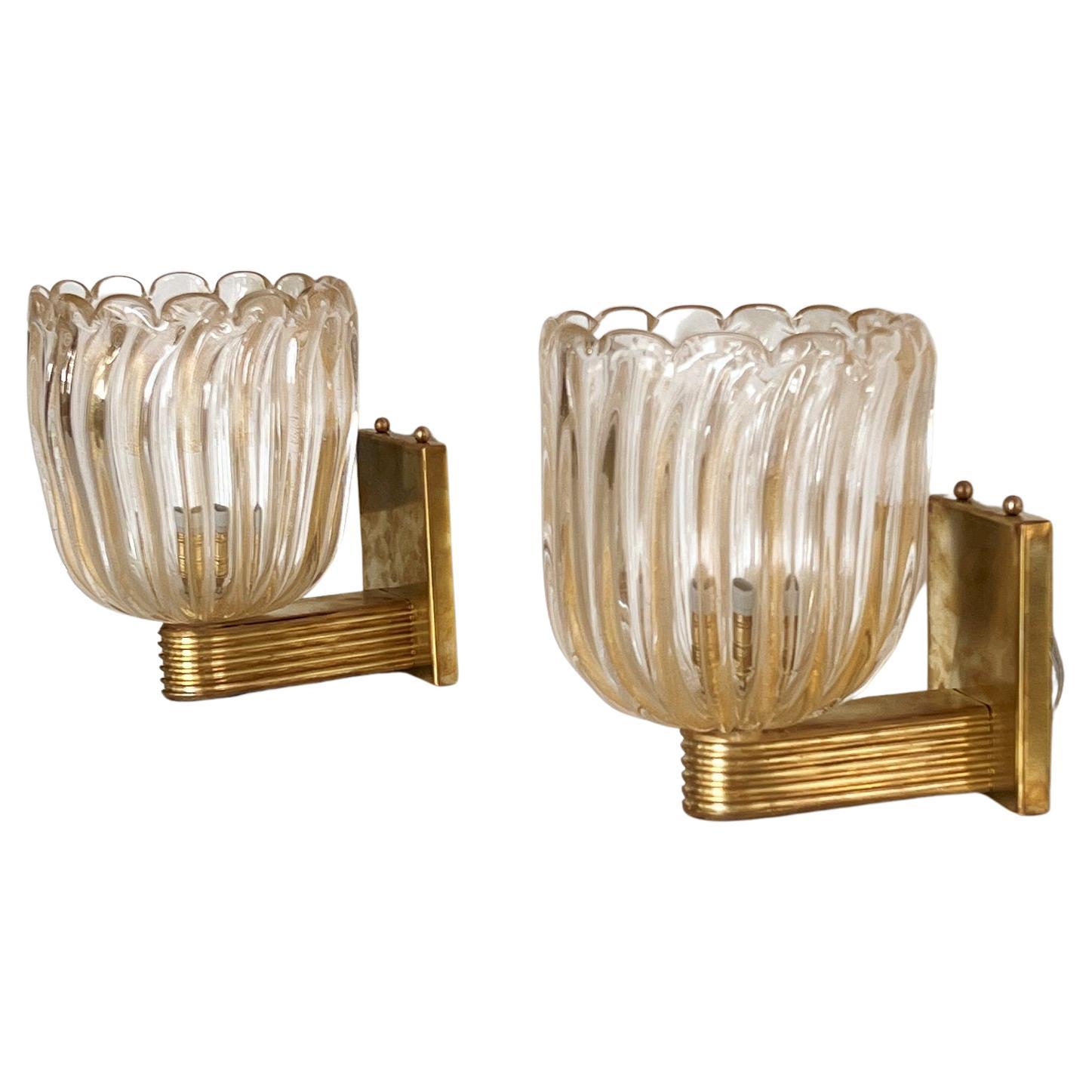 Italian Brass and Murano Glass Wall Lights or Sconces in Art Deco Style, 1990s