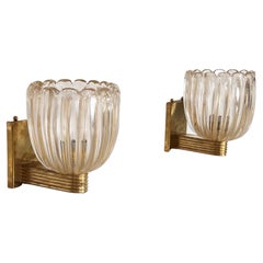 Vintage Italian Brass and Murano Glass Wall Lights or Sconces in Art Deco Style, 1990s