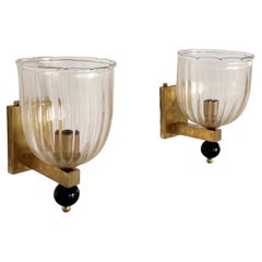 Retro Italian Brass and Murano Glass Wall Lights or Sconces in Art Deco Style, 1990s