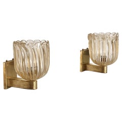 Italian Brass and Murano Glass Wall Lights or Sconces in Art Deco Style, 1990s