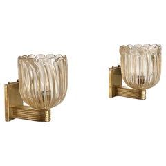 Retro Italian Brass and Murano Glass Wall Lights or Sconces in Art Deco Style, 1990s