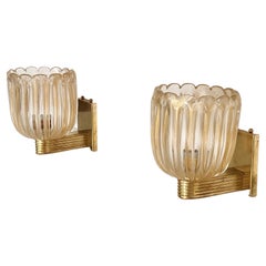 Italian Brass and Murano Glass Wall Lights or Sconces in Art Deco Style, 1990s