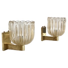 Retro Italian Brass and Murano Glass Wall Lights or Sconces in Art Deco Style, 1990s