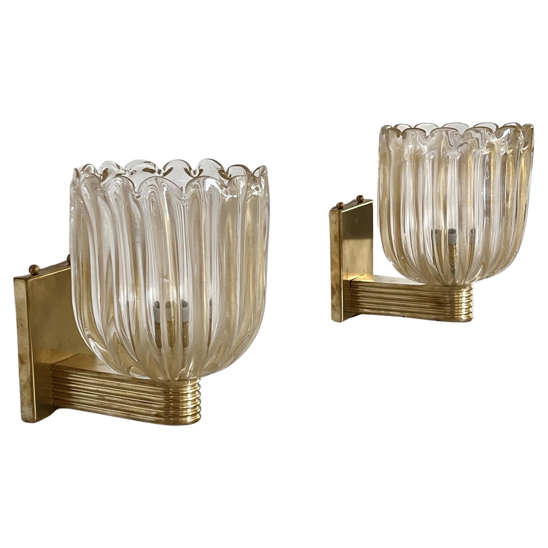 Italian Brass and Murano Glass Wall Lights or Sconces in Art Deco Style, 1990s