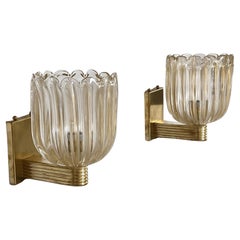 Vintage Italian Brass and Murano Glass Wall Lights or Sconces in Art Deco Style, 1990s