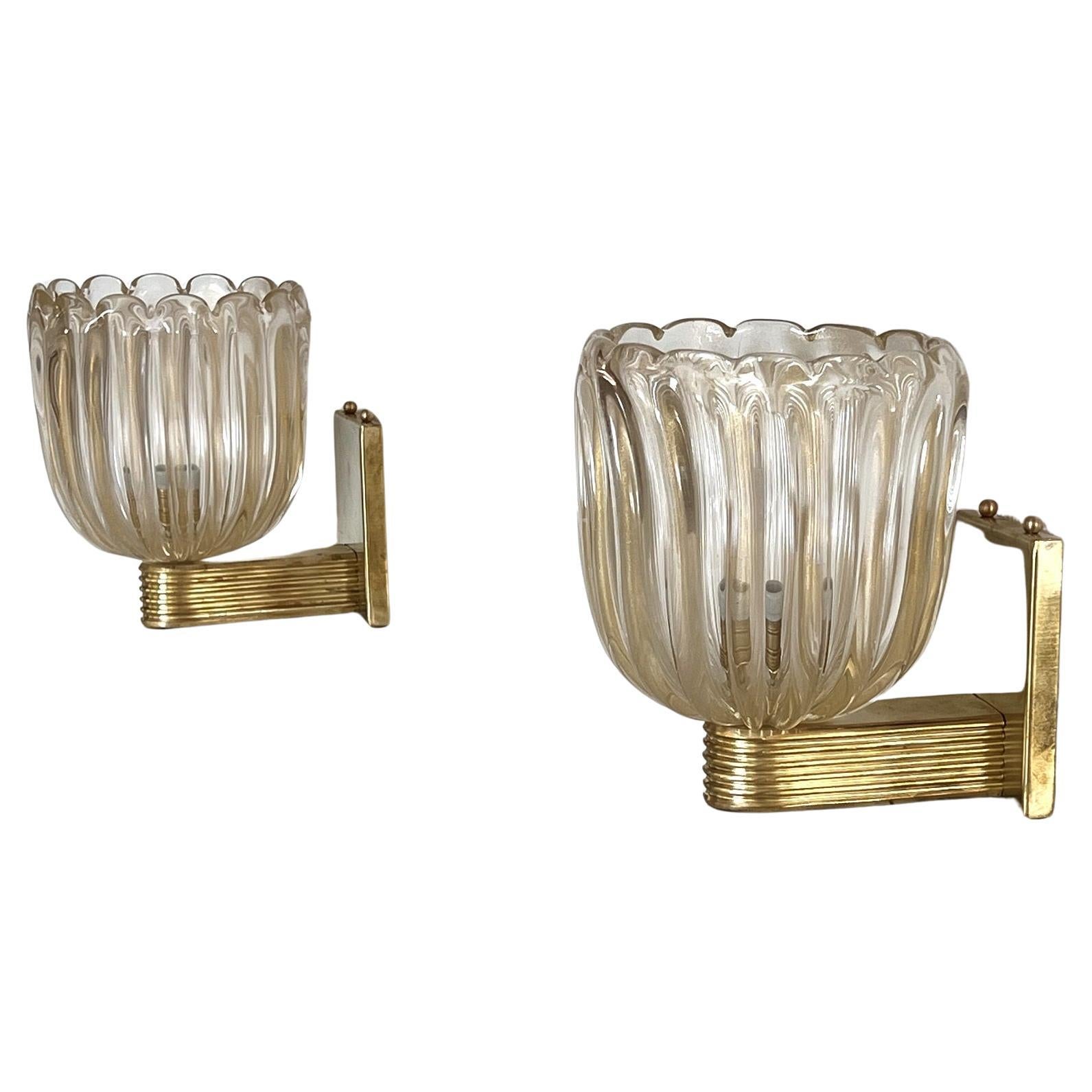 Italian Brass and Murano Glass Wall Lights or Sconces in Art Deco Style, 1990s