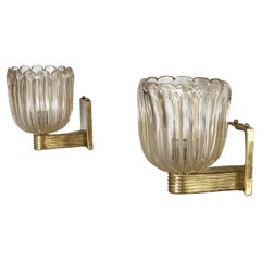 Retro Italian Brass and Murano Glass Wall Lights or Sconces in Art Deco Style, 1990s