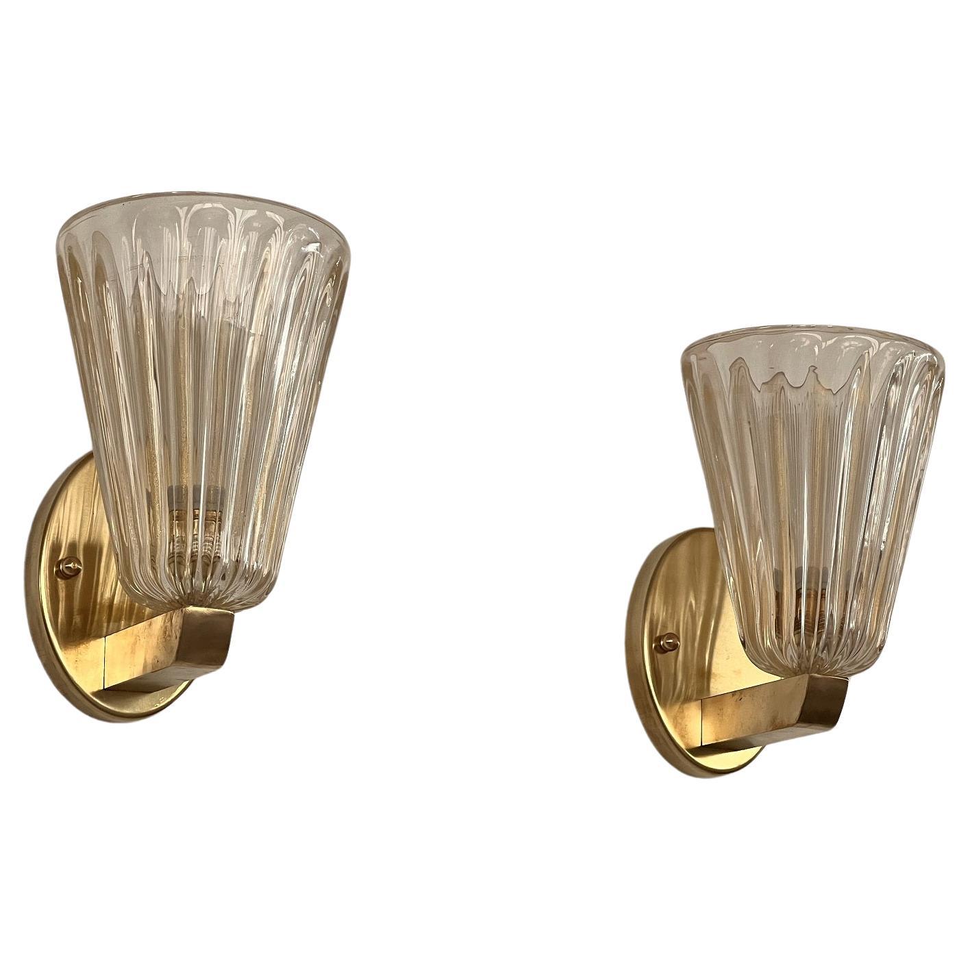 Italian Brass and Murano Glass Wall Lights or Sconces in Art Deco Style, 1990s For Sale