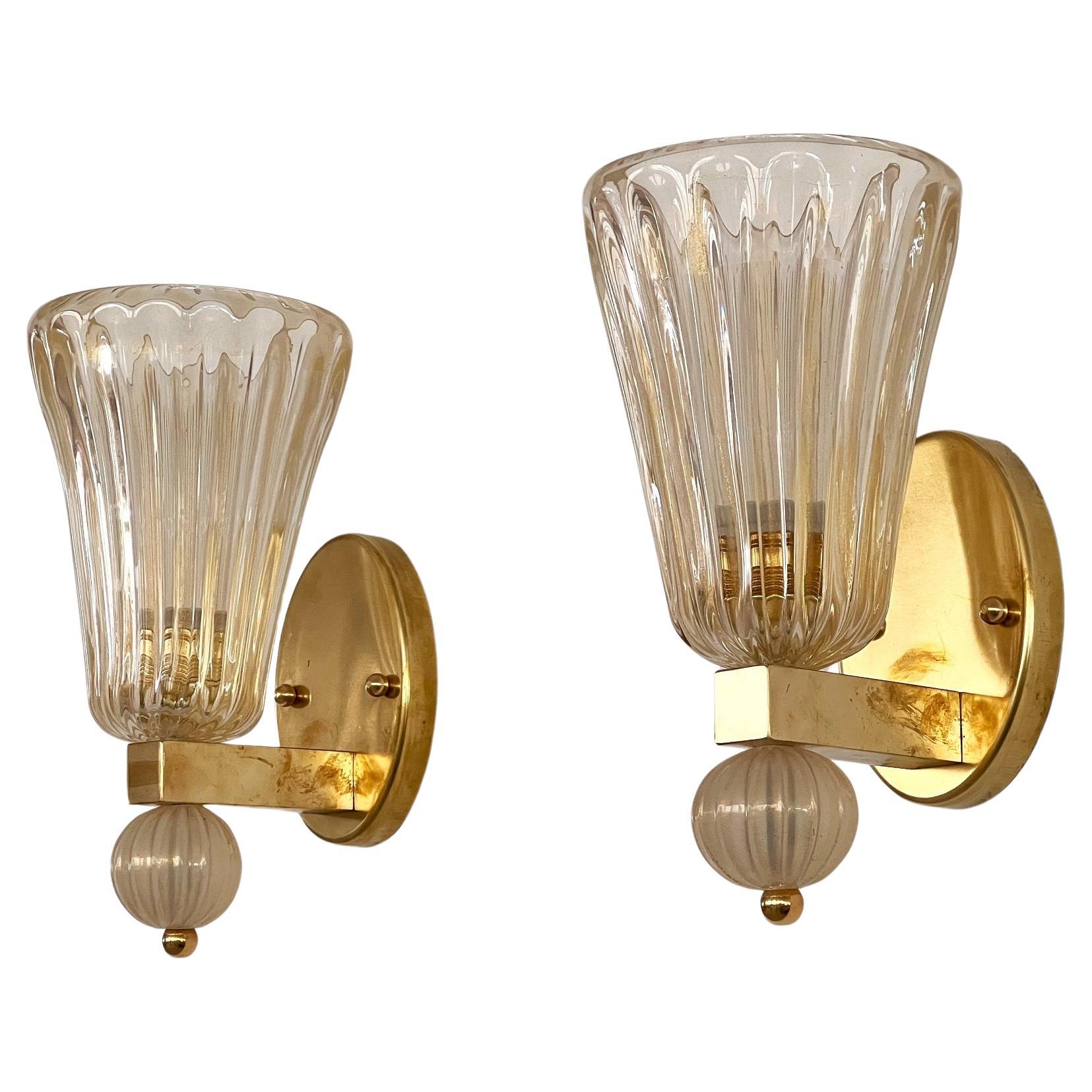 Italian Brass and Murano Glass Wall Lights or Sconces in Art Deco Style, 1990s For Sale